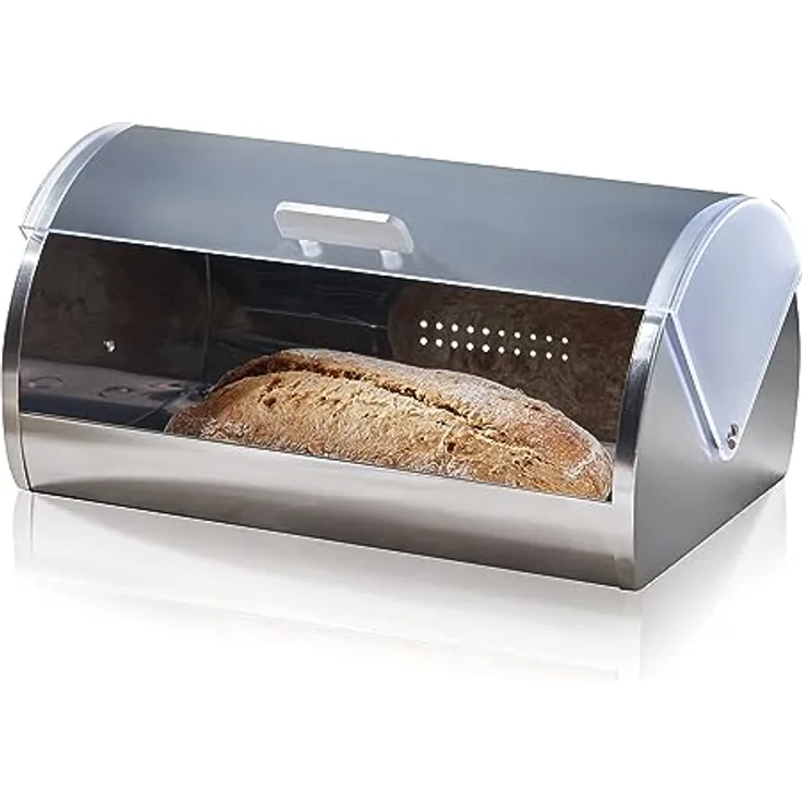 KHG Brotkasten Rolldeckel transparent milchig, Rollbrotkasten Metall Edelstahl mit Kunststoff-Deckel, Brotaufbewahrung Breite 39 cm Tiefe 25,5 cm