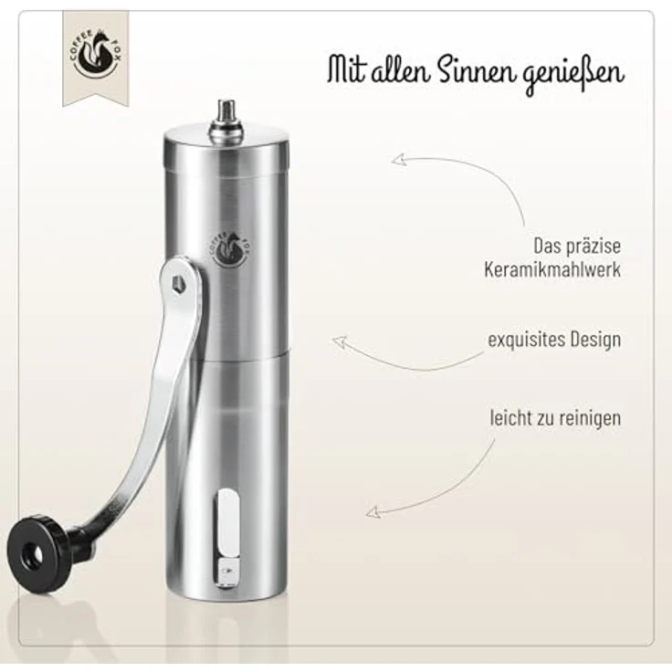 Coffee Fox® Handkaffeemühle, Edelstahl mit Keramik Mahlwerk, stufenlos einstellbar für frischen Kaffeegenuss, ideal für Zuhause und Reisen – Bild 2