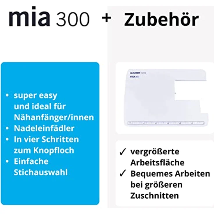 GLAESERhome mia300 Starter Bundle | Nähmaschine mit 24 vorprogrammierten Stichen +Anschiebetisch, kompakte Größe und LED-Beleuchtung – Bild 3