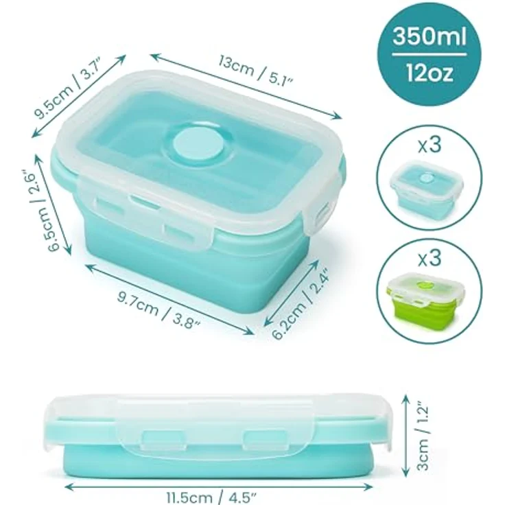 Kurtzy 6er Pack Faltbare Frischhaltedosen aus Silikon, 350 ml, luftdicht, BPA-frei, stapelbar, in grün und blau – Bild 2