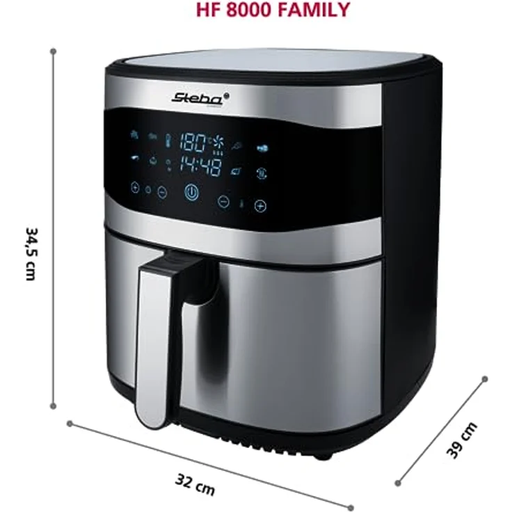 Steba HF 8000 Family Heißluftfritteuse, 8 Liter, 1800W, Antihaftbeschichtung, herausnehmbarer Behälter, 60 Minuten Timer, 8 Programme, Display, Überhitzungsschutz, edelstahl-schwarz – Bild 5