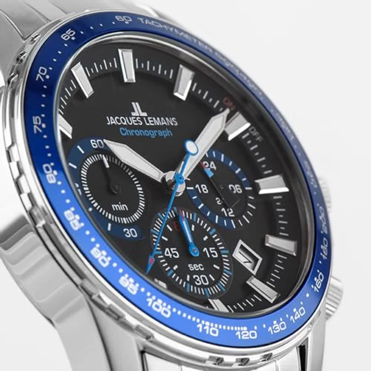 JACQUES LEMANS Herrenuhr Chronograph Liverpool Stahl/Blau mit schwarzem Zifferblatt und Mineralglas – Bild 3