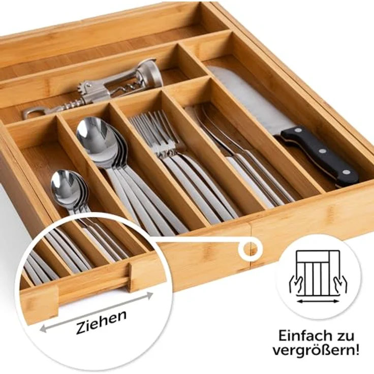 Blumtal Besteckkasten Schublade aus Bambus, größenverstellbarer Schubladen-Einsatz, bis zu 9 Fächer, nachhaltig und flexibel – Bild 3