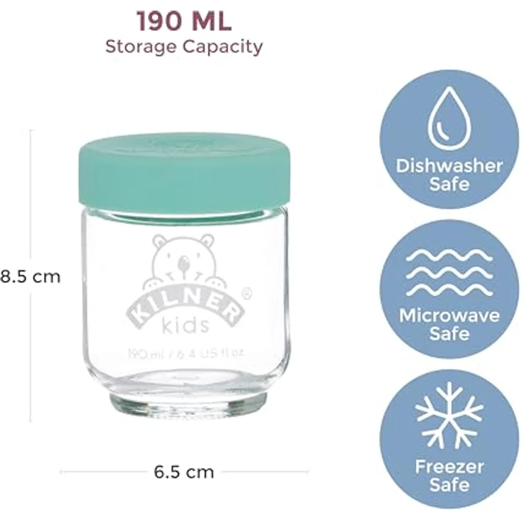 Kilner Babygläser Set, 6tlg. 190 ml, schadstofffreie Babybrei Behälter mit Silikondeckeln in 3 Farben, ideal zum Aufbewahren, Einfrieren und Servieren von hausgemachter Babynahrung – Bild 2
