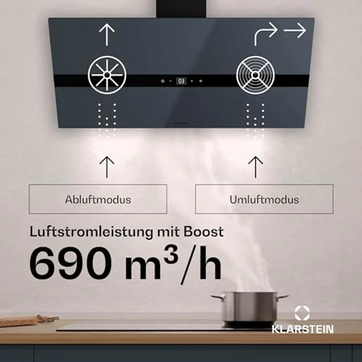 Klarstein WiFusion Dunstabzugshaube - 90 cm, WLAN-Steuerung, 690 m³/h Luftstrom, A++ Energieeffizienz, LED Beleuchtung, Touch-Bedienfeld, Schwarz, Abluft & Kohlefilter – Bild 2