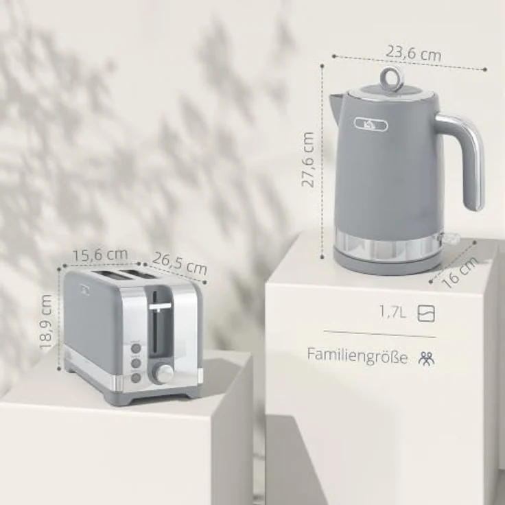 HOMCOM Wasserkocher- und Toaster-Set, 2200 W mit Thermostat, 1,7 l Wasserkocher und 2-Scheiben-Toaster, Grau – Bild 9