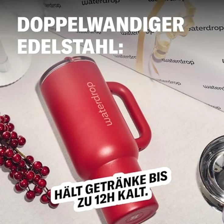 waterdrop® Thermobecher mit Strohhalm 1,1L – Auslaufsichere Edelstahl Trinkflasche mit aufklappbarem Trinkhalm, hält 12h kalt, ideal für Auto und Reisen – Bild 3