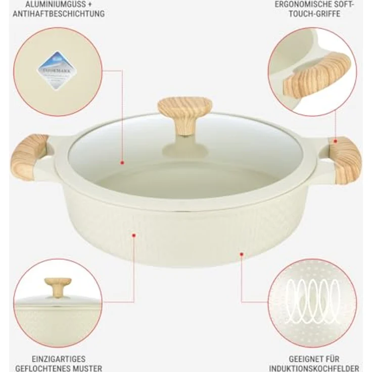 RESTO 93806 Bräter Ø28cm beige, 4,1L, antihaftbeschichtet, Induktion, mit Glasdeckel und ergonomischen Holzoptikgriffen, im Geschenkkarton – Bild 4