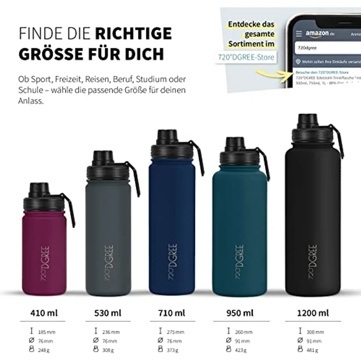 Trinkflasche Doppelwandig Edelstahl 950ml Isolierflasche m. Gratis Sportdeckel 720 DGREE noLimit sapphire blue – Bild 3
