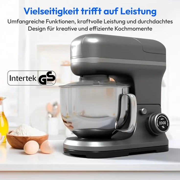 MEDION 4 in 1 Universal Küchenmaschine (1.200 Watt, 8 Stufen, Mischen Kneten Rühren Mixen Fleischwolf, Eisschüssel für Zubereitung von Eis, digitales Display, MD18440) Titan – Bild 2