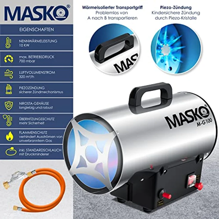 MASKO Gasheizgebläse Gasheizer Heizkanone Gasheizstrahler Bauheizer Gas Heizgerät heizstrahler Heißluftgenerator inkl. Gasschlauch & Druckminderer Heizgebläse für handelsübliche Gasflaschen Silber, 10 kW,  – Bild 2
