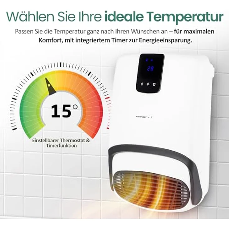 Emerio BH-123818 Bad Heizlüfter, 2000W, für Räume bis 20 m², IP23, 2 Heizstufen, einstellbarer Thermostat, 24h Timer, Handtuchhalter, Wandmontage, Ventilatorfunktion, Touch Display – Bild 3