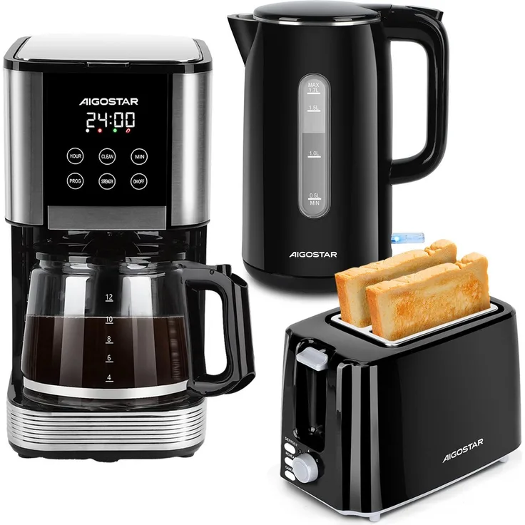 Aigostar Frühstücks-Trio, 14-Tassen Filterkaffeemaschine, Wasserkocher 1,7L mit Blitzaufheizung, 2-Scheiben Toaster mit 7 Bräunungsstufen