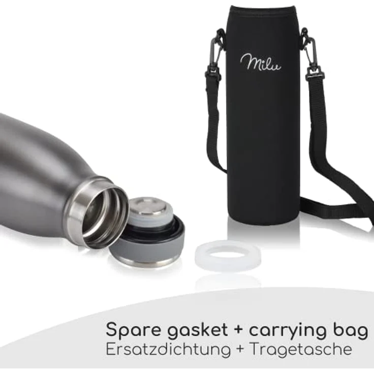 Milu Edelstahl Trinkflasche 350ml 500ml 750ml 1L 1,5L Thermosflasche, Isolierte Wasserflasche, Auslaufsichere Isolierflasche doppelwandig, Kohlensäure geeignet – inkl. Reinigungsbürste (Grau) – Bild 3