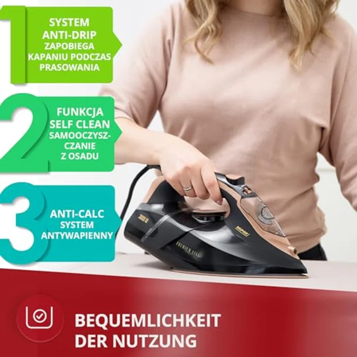 MPM Bügeleisen mit Keramiksohle MZE-24/C - 190g Dampfstoß - Kontinuierlicher Dampf - Vertikale Dampffunktion - Auto Shut-Off - 3000W - 300ml Wassertank - Schwarz – Bild 5