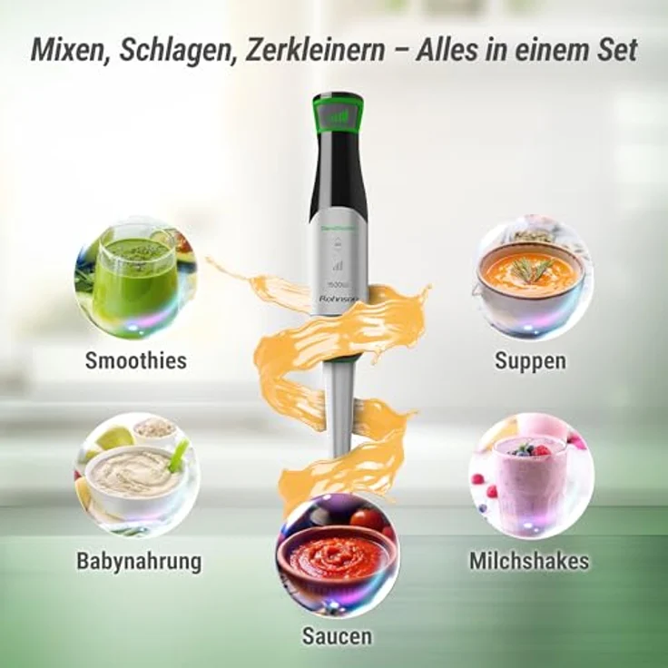 Rohnson BlendMaster R-5750, Stabmixer-Set mit Vario-Blade Technologie, 1500 Watt, Schwarz, inkl. Messbecher und Schneebesenaufsatz – Bild 4