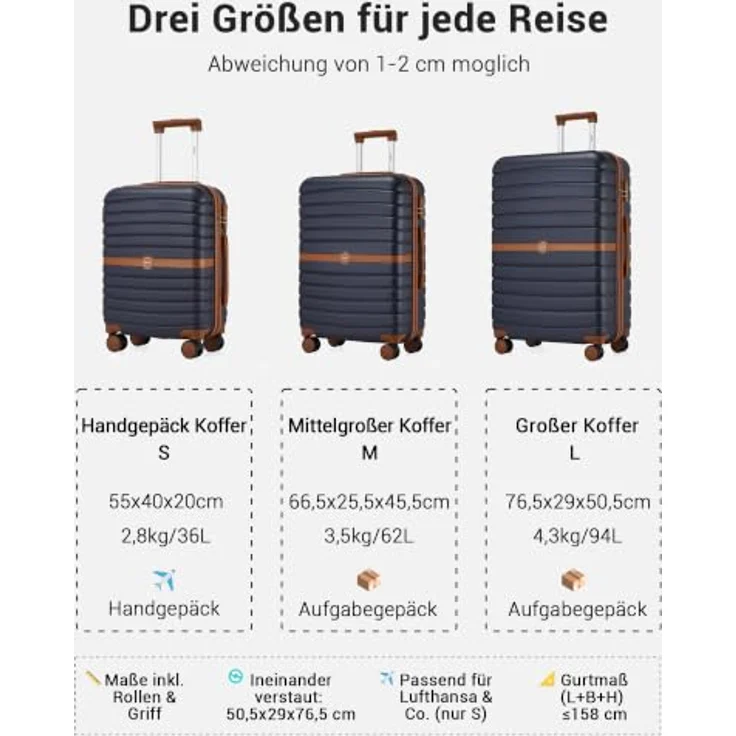 KONO Kofferset 3-teilig Hartschalenkoffer ABS+PC, leicht, dunkelgrün/braun, integriertes Zahlenschloss, 360° drehbare Doppelrollen, platzsparend stapelbar – Bild 2
