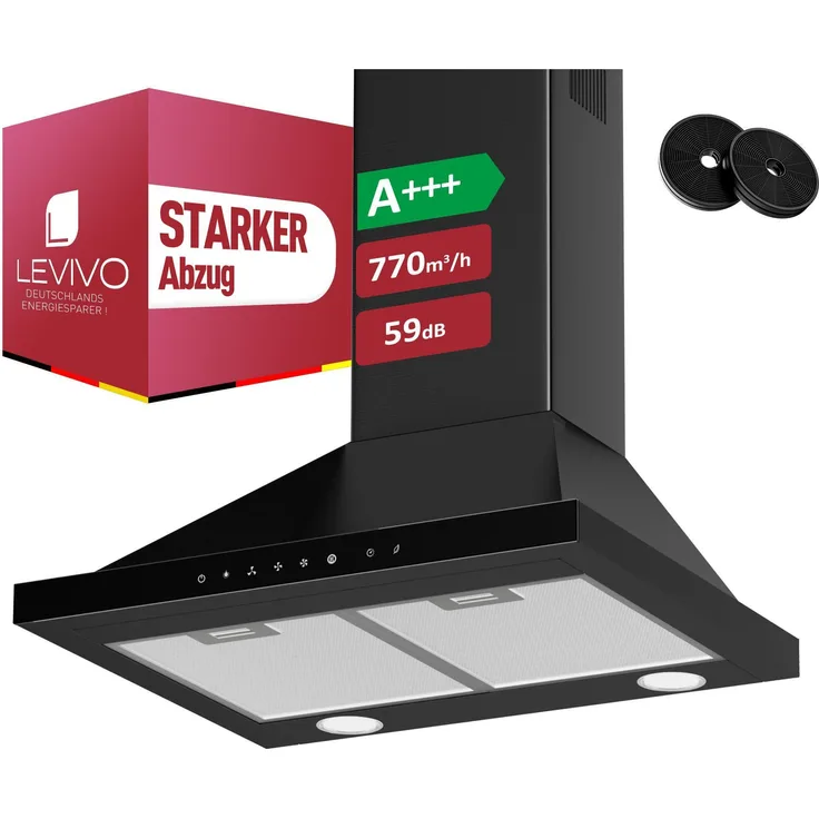 LEVIVO Dunstabzugshaube 60cm A+++ mit 770 m³/h Luftleistung, 2 Aktivkohlefiltern, 2 Fettfiltern, 3 Stufen & Booster, Edelstahl