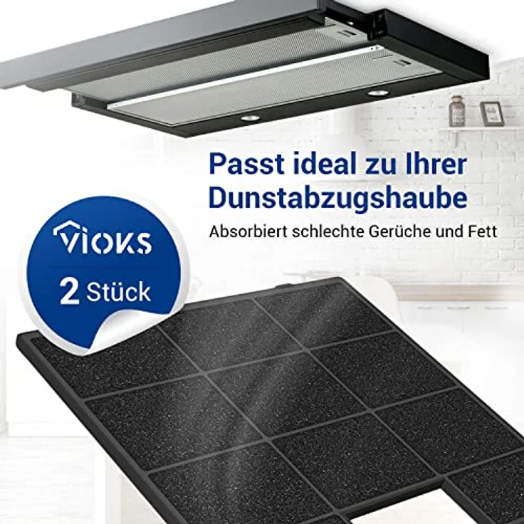 VIOKS Aktivkohlefilter Set für Dunstabzugshaube, 2x 230x250x10mm, Ersatz für Amica FWK-250, umluftgeeignet, beseitigt Gerüche und Partikel – Bild 3
