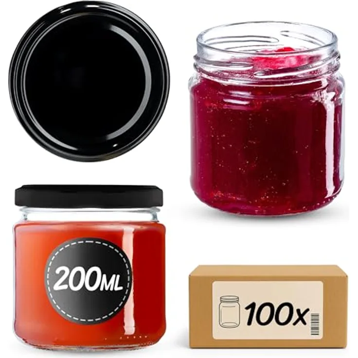 KADAX 100er Set Einmachgläser 200ml TO66, dickwandige Marmeladengläser mit luftdichtem Schraubdeckel, spülmaschinenfest und lebensmittelecht