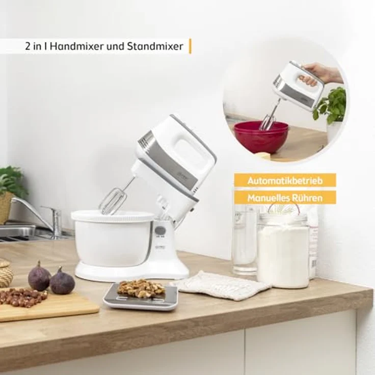 TZS First Austria 2 in 1 Handmixer und Standmixer, 3,4L, 500W, Automatikantrieb, 5 Geschwindigkeiten, Turbofunktion, mit Knethaken + Rührbesen aus Edelstahl – Bild 3