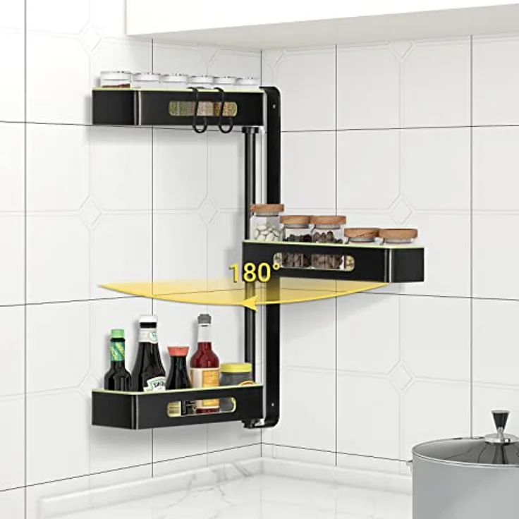 Todeco 3 Etagen Gewürzregal, 180° drehbar, Höhenverstellbar, Gewürzregal Wand Ohne Bohren, für Küche und Bad, 38 x 12 x 59 cm, Aluminium (Grün)