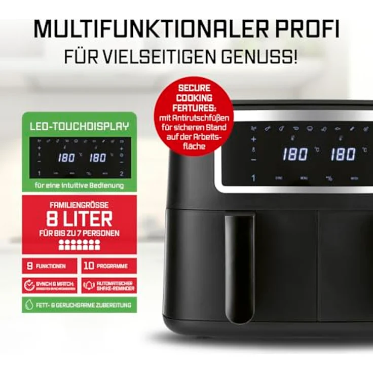 GOURMETmaxx Heißluftfritteuse Doppelkammer 2 x 4 L, Synchro-Garzonen Airfryer, Fritteuse mit Touchscreen,  2 Kammern & 10 Programmen – Bild 2
