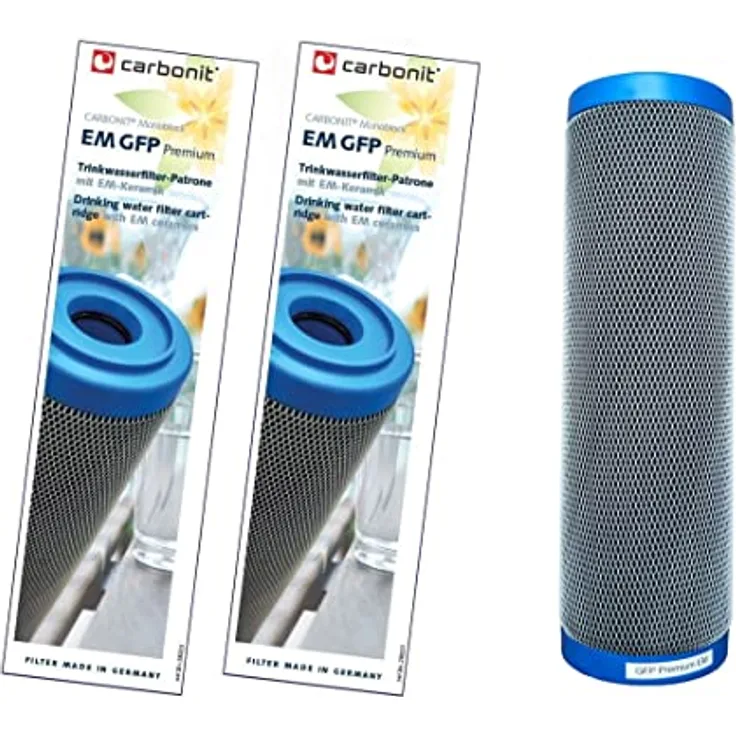 Carbonit 2 x Prime Invention Wasserfilter GFP Premium EM Filterpatrone 0,4 µ mit mehr Aktivkohle und EM-Keramik, Made in Germany, blau