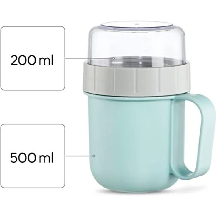 Xavax Müslibecher 2 Go, 500+200 ml (2 Fächer, Müslibecher für z.B. Joghurt, Milch, extra Topper für Müsli, Obst, Cornflakes etc., auslaufsicherer To Go Becher, spülmaschinenfest) Pastellblau/Grau – Bild 2