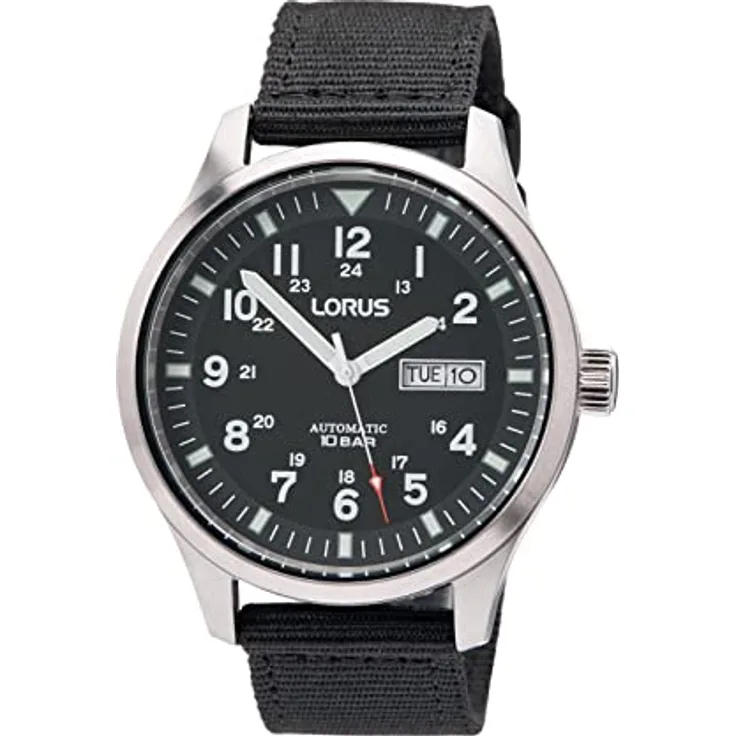 Seiko Lorus Herren-Uhr Automatik Edelstahl mit Textilband RL411BX9, wasserdicht bis 100m, Luminous-Leuchtbeschichtung, silberfarben