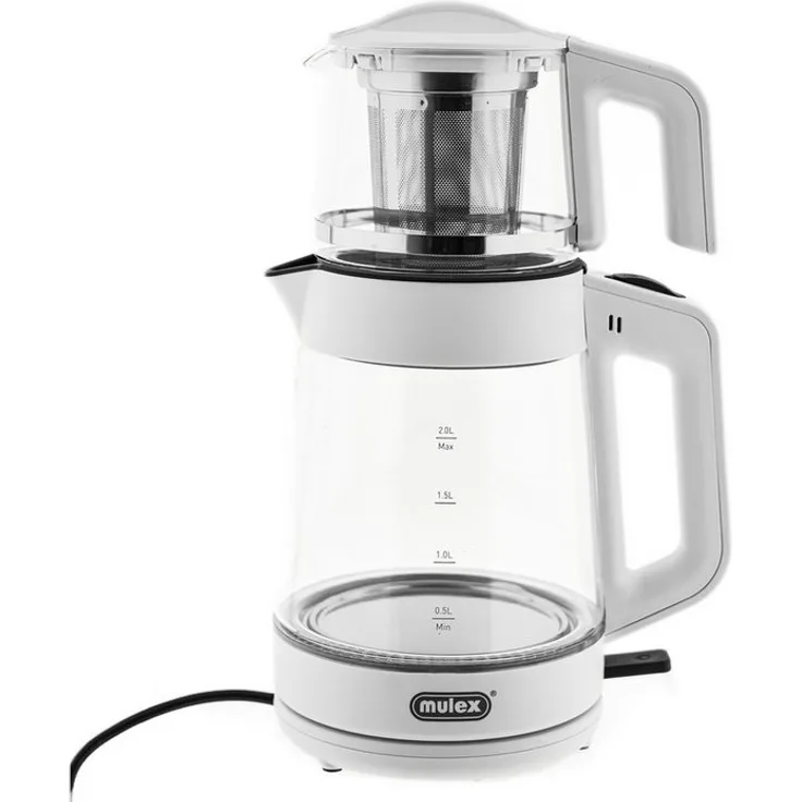 Mulex Tee Express 2-in-1 Teekocher und Wasserkocher aus hitzebeständigem Borosilikatglas - 1L + 2L - Weiß mit LED-Beleuchtung und Warmhaltefunktion