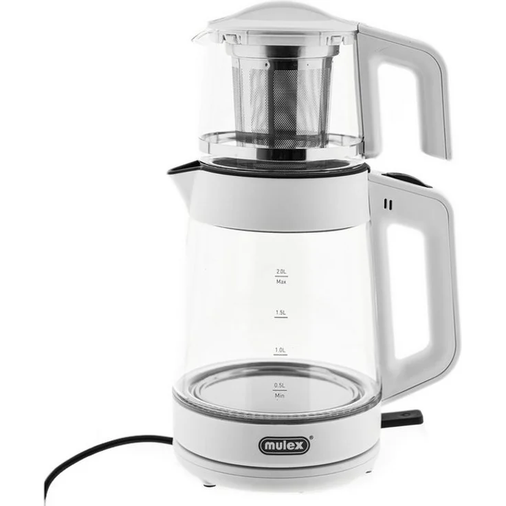 Mulex Tee Express 2-in-1 Teekocher und Wasserkocher aus hitzebeständigem Borosilikatglas - 1L + 2L - Weiß mit LED-Beleuchtung und Warmhaltefunktion