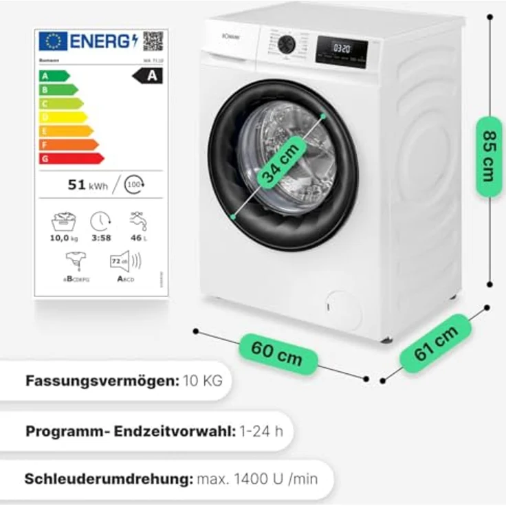Bomann® Waschmaschine 10kg | max. 1400 U/min | effizienter, leiser & langlebiger Invertermotor | 10 Jahre Motor-Garantie | 15 Programme | Endzeitvorwahl | LED-Display | Washing Machine WA 7110 – Bild 2