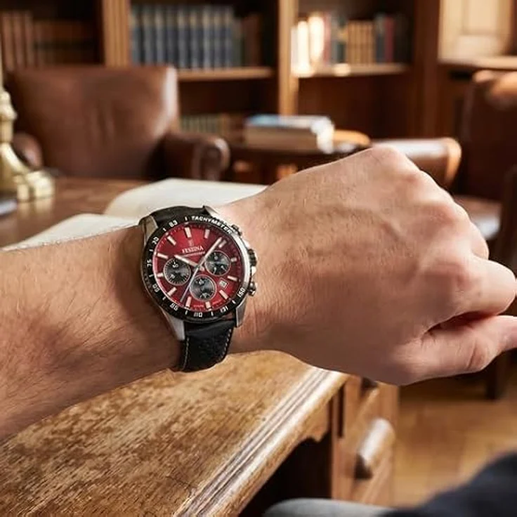 Festina Herrenuhr Chronograph Edelstahl schwarz mit rotem Zifferblatt, 10 bar wasserdicht – Bild 2