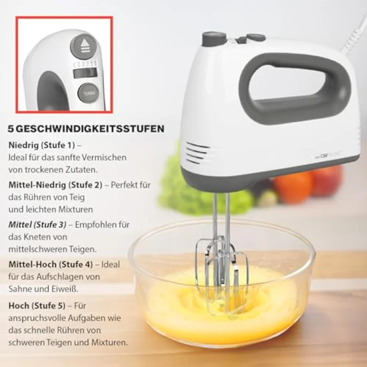 Clatronic HM 3775 Handmixer, 400 Watt, 5 Geschwindigkeiten, Besteck-Auswurftaste, Turbostufe, Kunststoff, weiß-grau – Bild 3