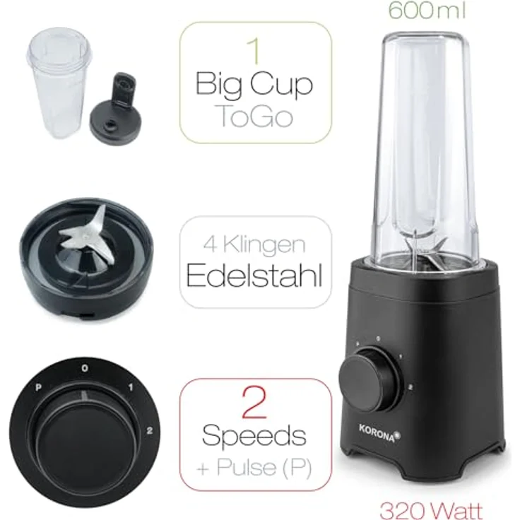 Korona 24500 Smoothie Maker | Homogenes Mixergebnis | ToGo Becher 600 ml | BPA-frei | 320 Watt, mattschwarz – Bild 5