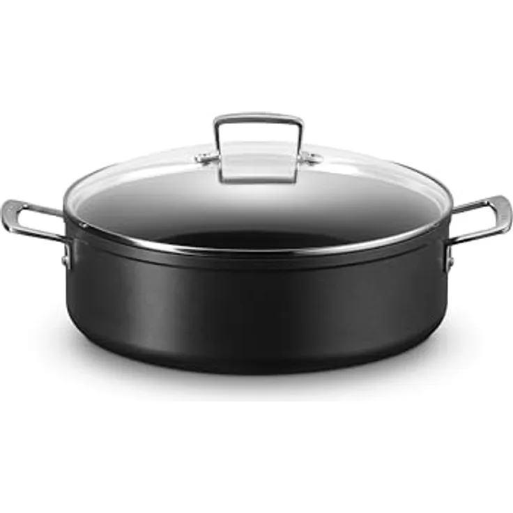 Le Creuset Aluminium-Antihaft Schmorpfanne mit Glasdeckel, 30 cm, hitzebeständig, Schwarz