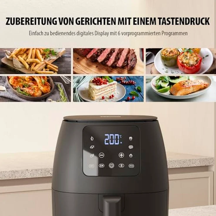 Tristar Mini-Digital-Heißluftfritteuse 2L Ölfrei 6 Kochprogramme Antihaftbeschichtung Einstellbarer Thermostat 1500W FR-9015, Weiß – Bild 2