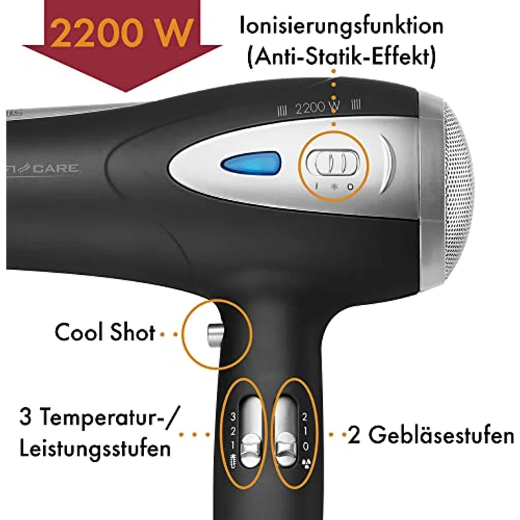 ProfiCare® Haartrockner mit Ionisierungsfunktion 2200W | extra leichter Reiseföhn 3 Leistungsstufen und 2 Gebläsestufen | Haarföhn inkl. Cool-Shot | Föhn mit Diffusor & Formdüse | PC HTD 3113 schwarz – Bild 3
