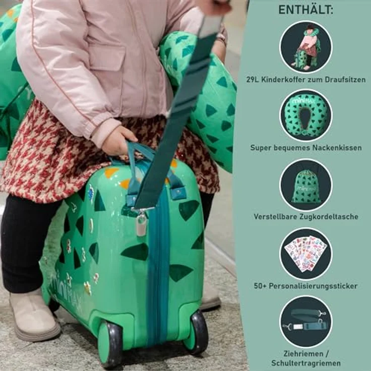Aerolite Minimax Kinderkoffer Hartschale Trolley, Handgepäck 45x36x20cm, 29L, Dino-Design, 4 Rollen, geeignet für Easyjet – Bild 2