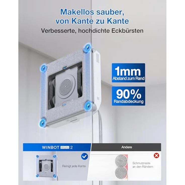ECOVACS WINBOT Mini 2, Fensterputzroboter mit Appsteuerung, 50ml Wassertank, 230ml Reinigungslösung, Bürsten an allen Ecken, 3,5m Kabel – Bild 4