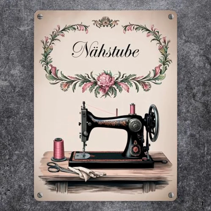 speecheese Vintage Nähmaschine Nähstube Metallschild, kunstvoll illustriert, 15x20 cm für nostalgische Einrichtung – Bild 2