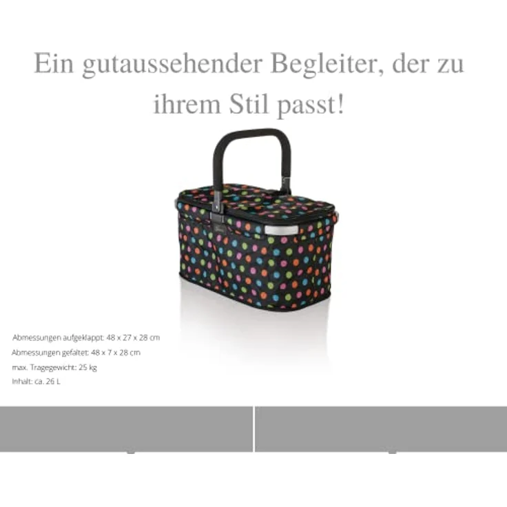 Genius A14360 Einkaufskorb Falko Premium Schwarz mit bunten Punkten | Einkaufstasche 22l groß, faltbar, mit Deckel | Tragekorb mit Aluminium-Griff für unterwegs, Schwarz-bunt – Bild 2