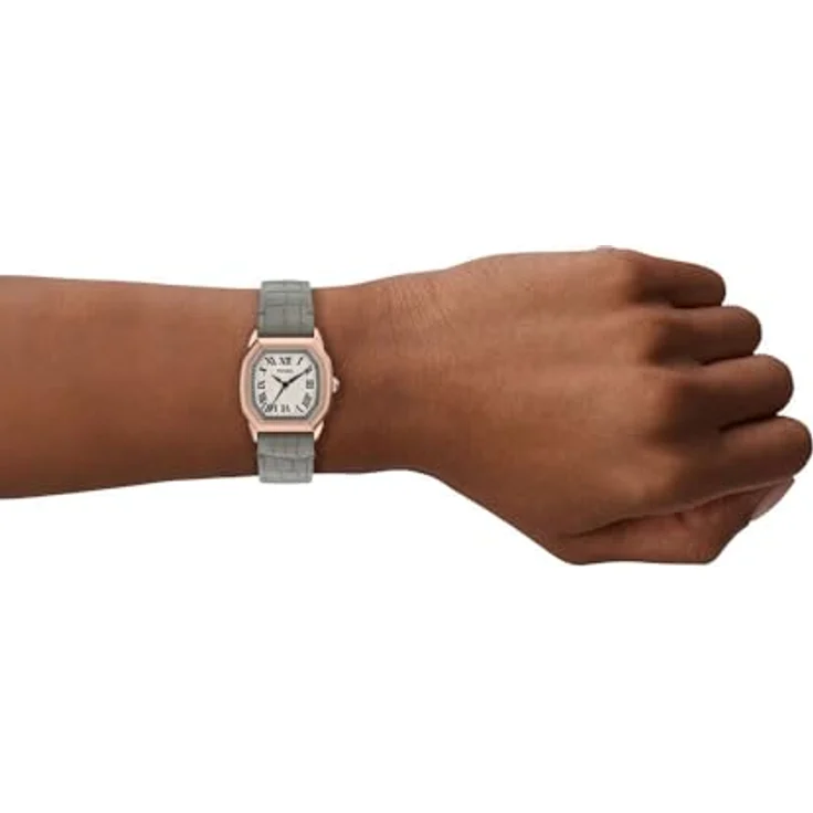 Fossil Harlow Damen Uhr, Quarz-Dreizeigerwerk, roségoldenes Edelstahlgehäuse, cremefarbenes Zifferblatt, graues Echtlederarmband, 30 m Wasserbeständigkeit – Bild 2