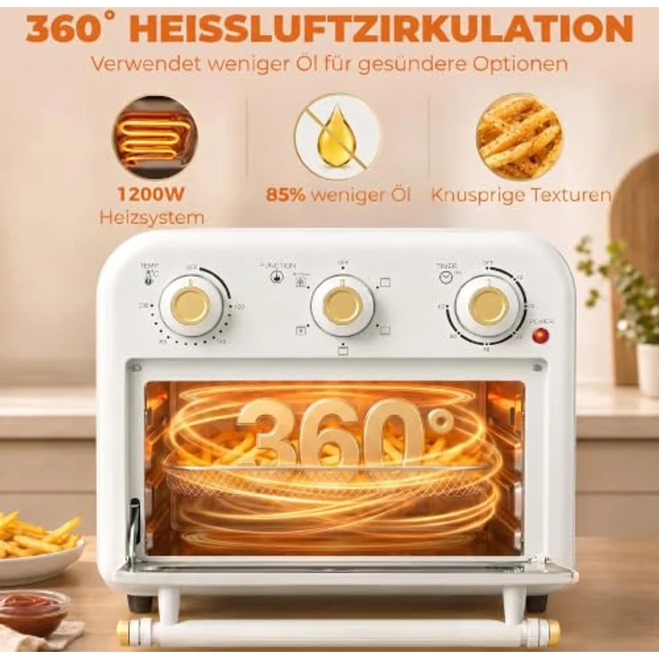 HOMCOM Minibackofen Heißluftfritteuse 2-in-1 mit 12 l und 1200 W, cremeweiß-gold, mit Backblech und Frittierkorb – Bild 6