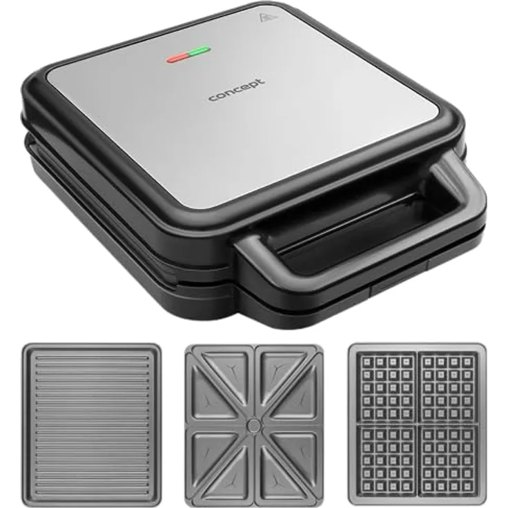 Concept SV3080 Sandwich maker with exchange plates FAMILY 3in1 1200 W, Grau Schwarz - 3 in 1 Antihaftbeschichtete Oberfläche der Teller Für 4 Toasts