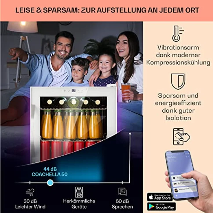 Klarstein Table Top Kühlschrank HEA-Coachella 50-wh 10045041, Bierkühlschrank mit WiFi, Balanced Light Concept, 47 Liter, Glas- und Edelstahl, 51 cm hoch, 47.5 cm breit – Bild 4