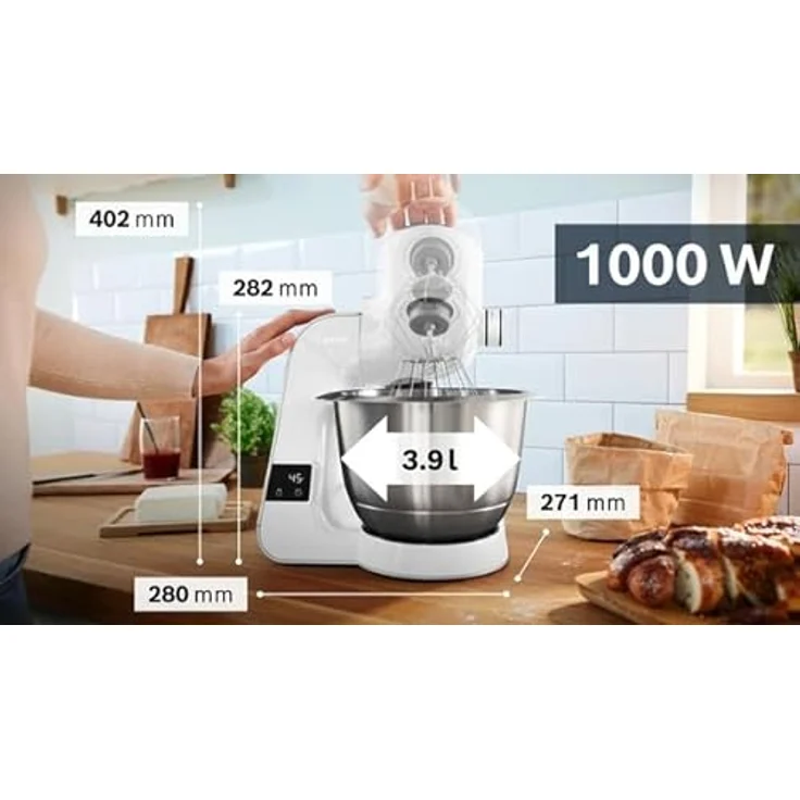 Bosch MUM5X220 Küchenmaschine, 1000 Watt, 3,9 Liter, integrierte Waage, 7 Geschwindigkeiten, Kunststoff, 3D PlanetaryMixing, EasyArmLift, weiß - Preisvergleich – Bild 2