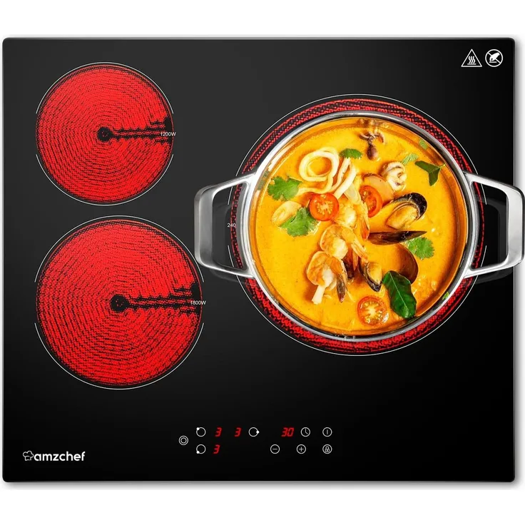 AMZCHEF Glaskeramikkochfeld CE-HT5419B3E-2, autark, 3 Kochzonen, 5400W, 9 Leistungsstufen, 99-Minuten-Timer, Kindersicherung, Restwärmeschutz