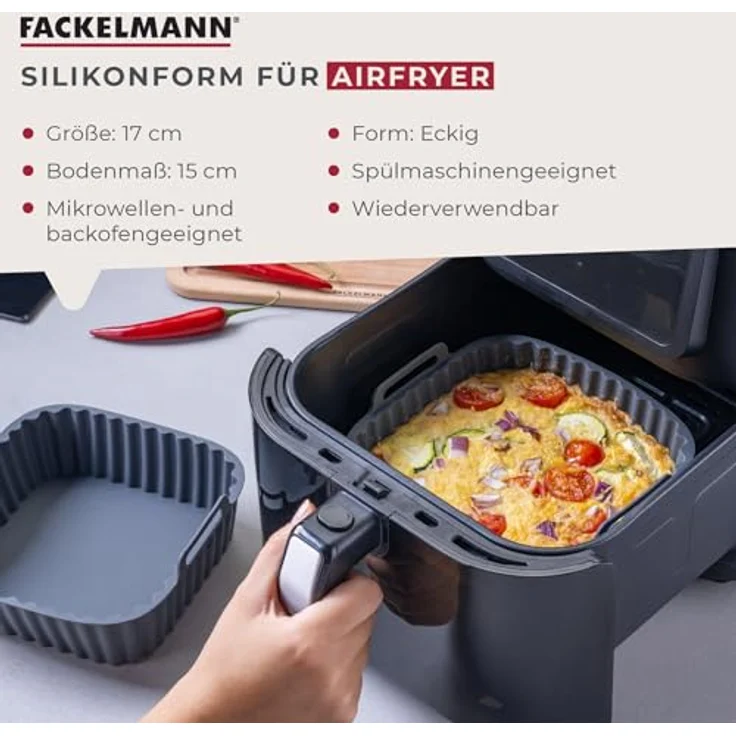 Fackelmann Silikonform für Heißluftfritteuse, 17 cm eckig, aschgrau, antihaftbeschichtet und spülmaschinengeeignet für knusprige Gerichte – Bild 3